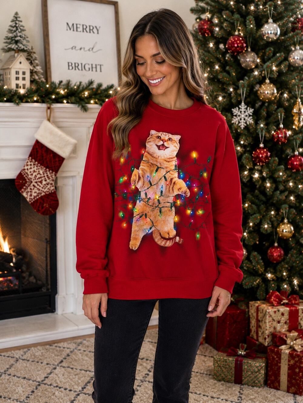 Fifth Sun LED Light Up Cat Ugly Christmas Sweatshirt M